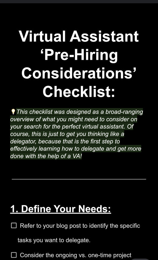 Virtual Assistant  ‘Pre-Hiring Considerations’ Checklist: